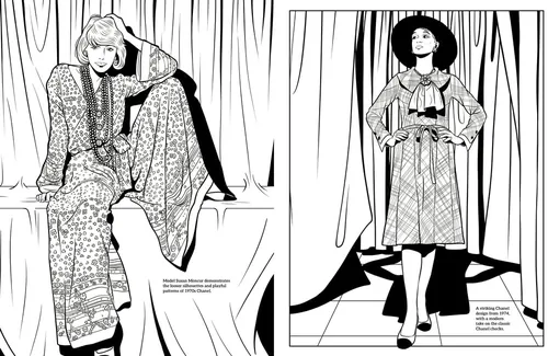 Maddalena Carrai illustration of two women in patterned fashion against draped curtains