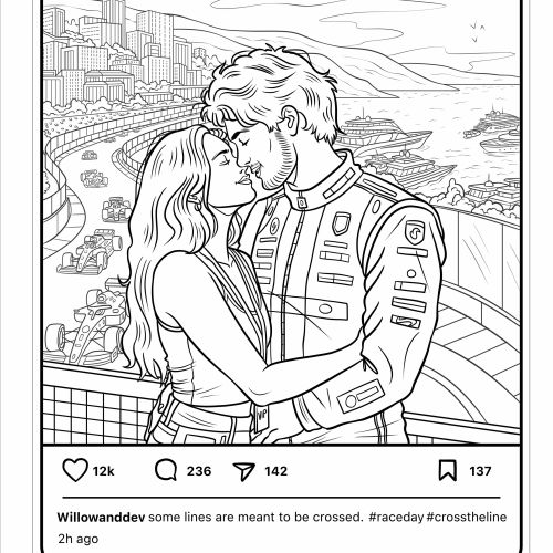 Maddalena Carrai illustration of a couple kissing above Monaco’s coastal cityscape.