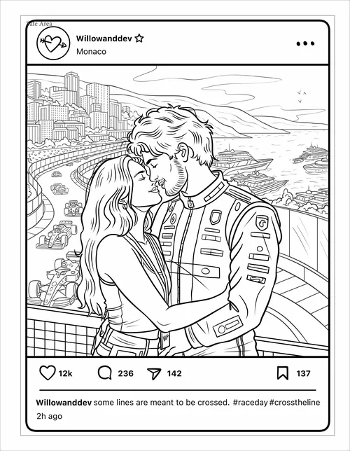 Maddalena Carrai illustration of a couple kissing above Monaco’s coastal cityscape.