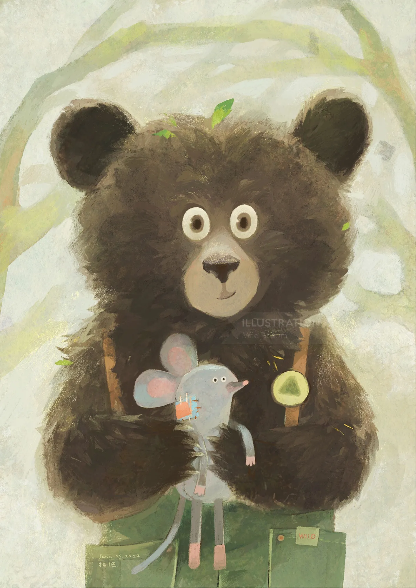 Illustration of a bear holding a mouse and a mushroom in forest