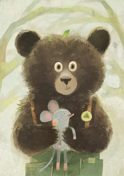 Illustration eines Bären, der im Wald eine Maus und einen Pilz hält