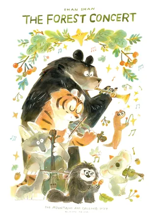 Forest animals playing music together in a lively outdoor concert