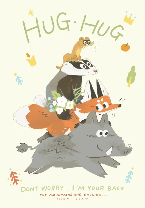Illustration eines Fuchses, Dachses, Wildschweins und Eichhörnchens, die sich in einem Stapel umarmen.