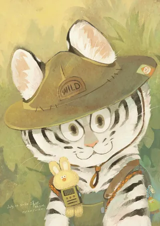 Tiger cub in safari hat holding toy bunny