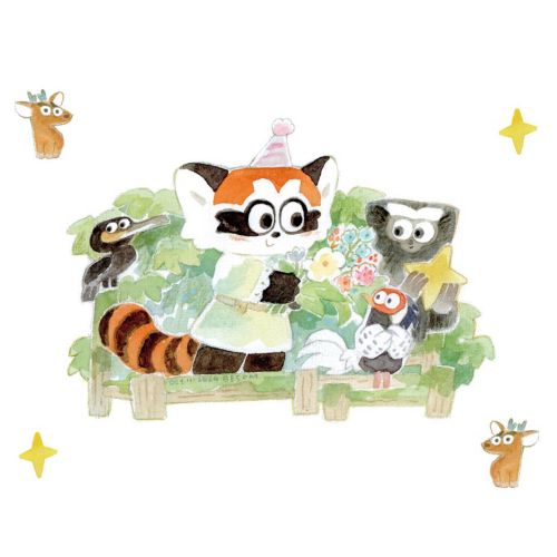 Raccoon family on bench with flowers and small birds around