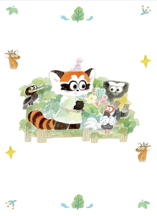 Raccoon family on bench with flowers and small birds around