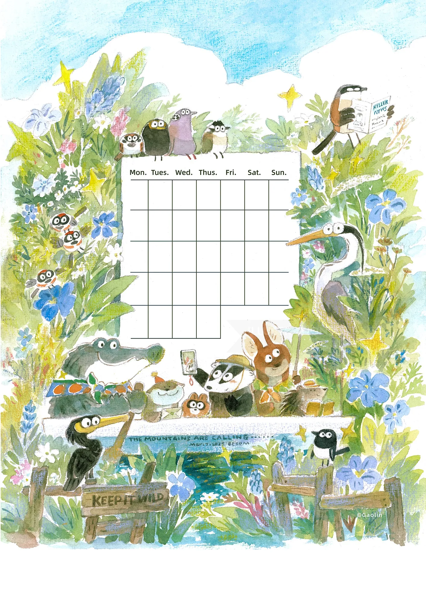 Monatlicher Kalender mit Tiermotiven: Vögel, Krokodil und Kaninchen im Garten