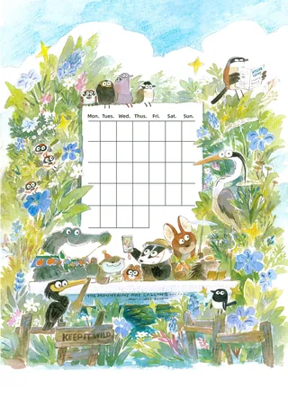 Animal-themed monthly calendar with birds, crocodile, and rabbit in garden