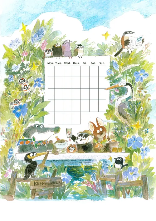 Monatlicher Kalender mit Tiermotiven: Vögel, Krokodil und Kaninchen im Garten