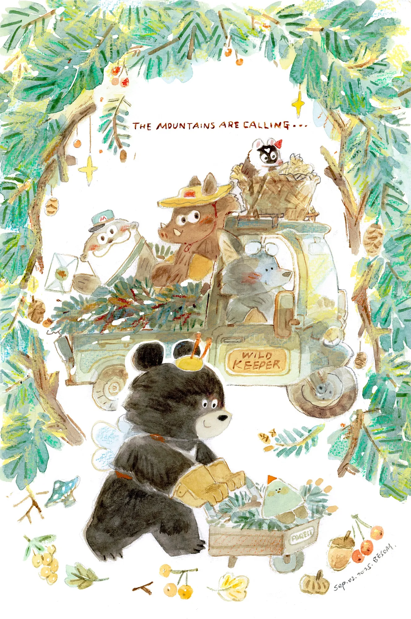 Animal characters on a delivery truck carrying packages by Mae Besom