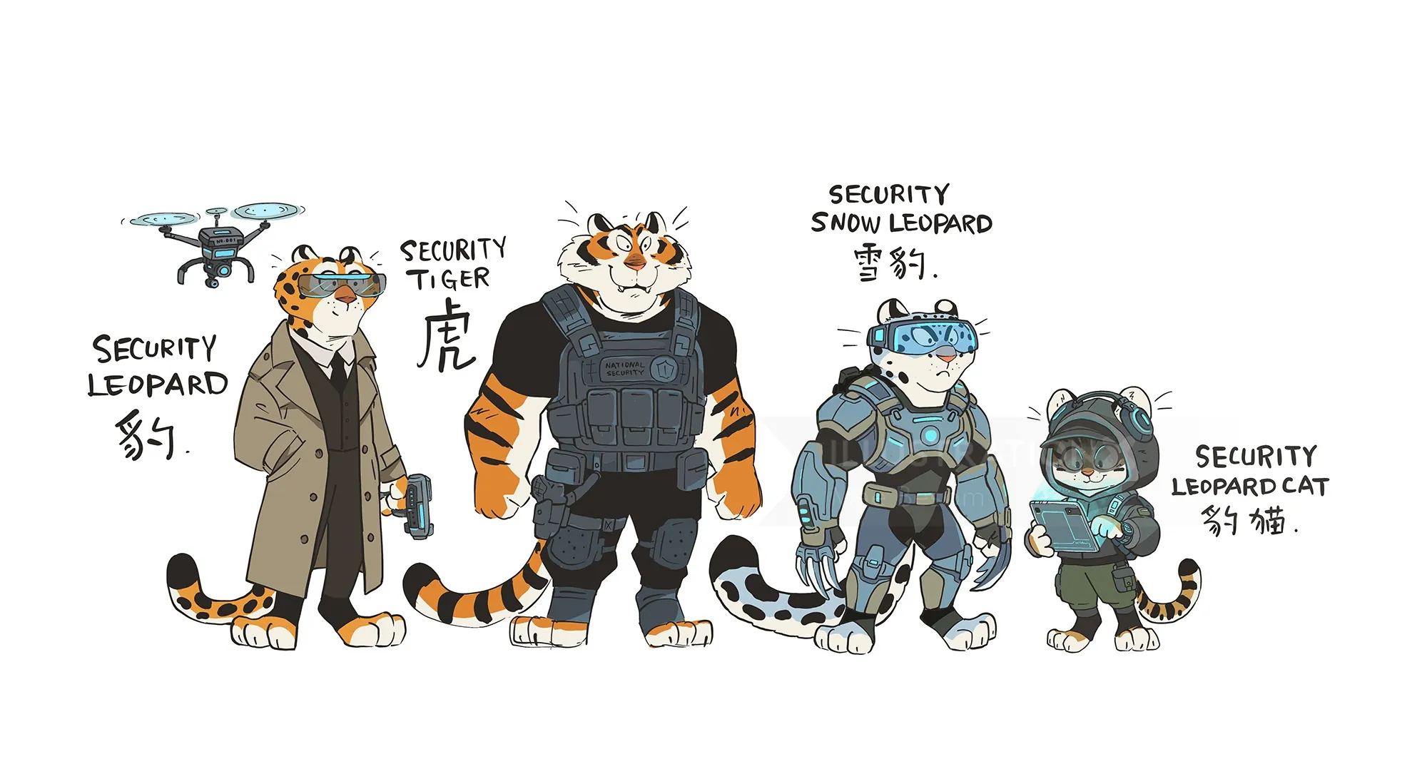 Anthropomorphic tigers in security and tactical gear by Mae Besom