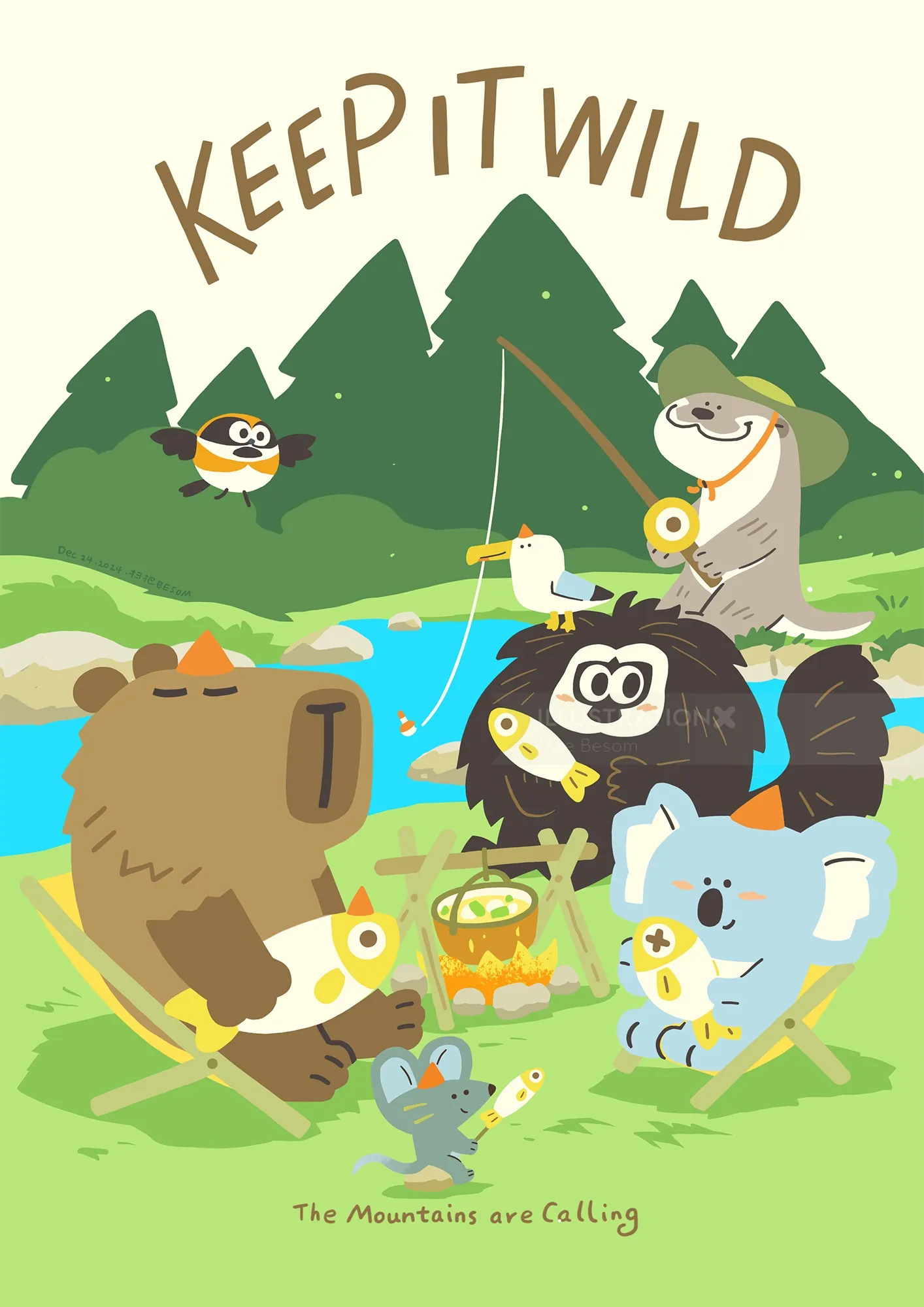 Cartoon animals fishing by a mountain river, illustration by Mae Besom
