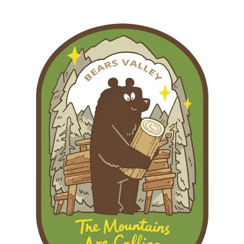 Illustration of a bear carrying a log near Bears Valley by Mae Besom