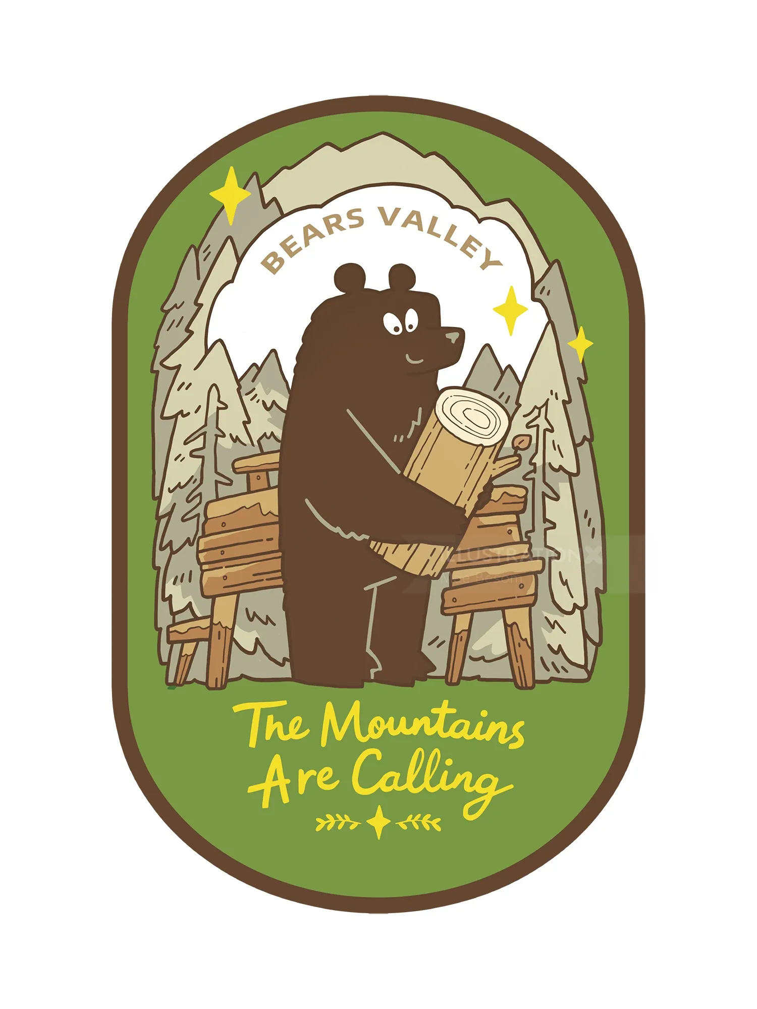 Ilustração de um urso carregando um tronco perto de Bears Valley por Mae Besom