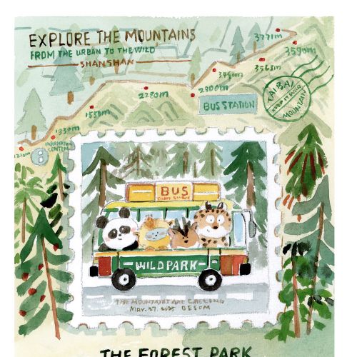 Forest scene with Wild Park bus and animals by Mae Besom