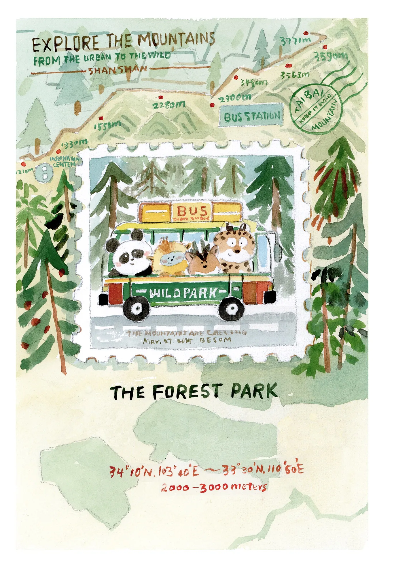 Forest scene with Wild Park bus and animals by Mae Besom