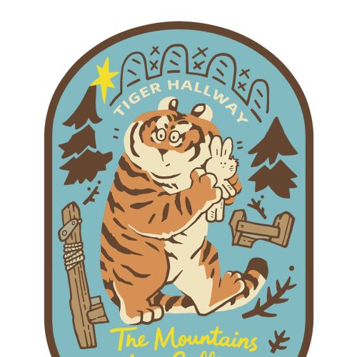 Tiger holding rabbit in mountain scene by Mae Besom