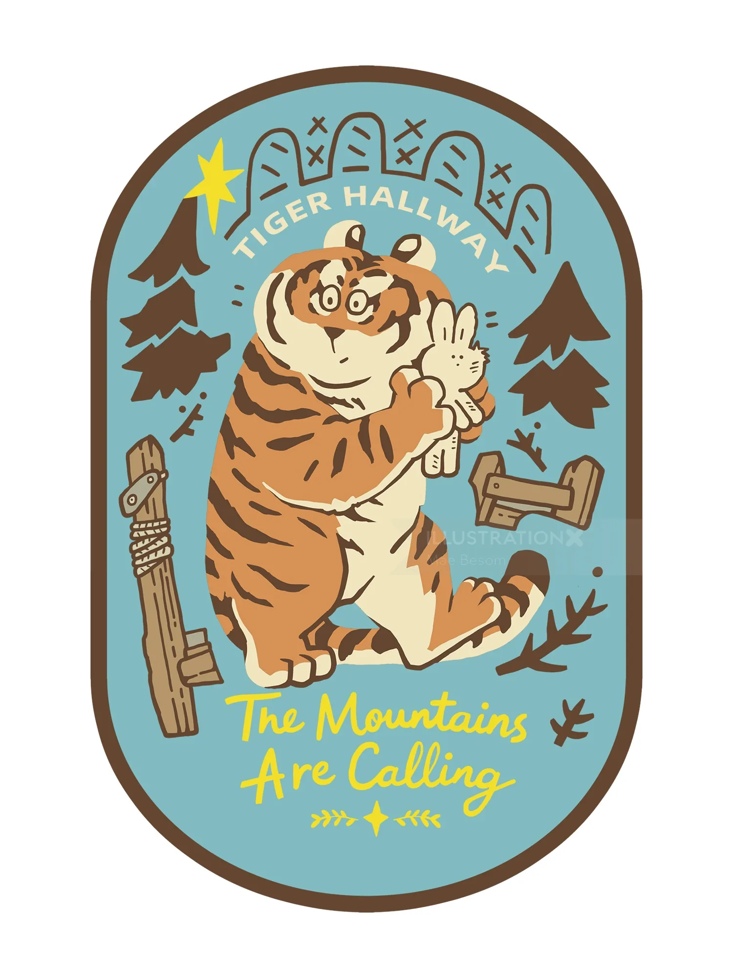 Tiger hält Kaninchen in Berglandschaft von Mae Besom