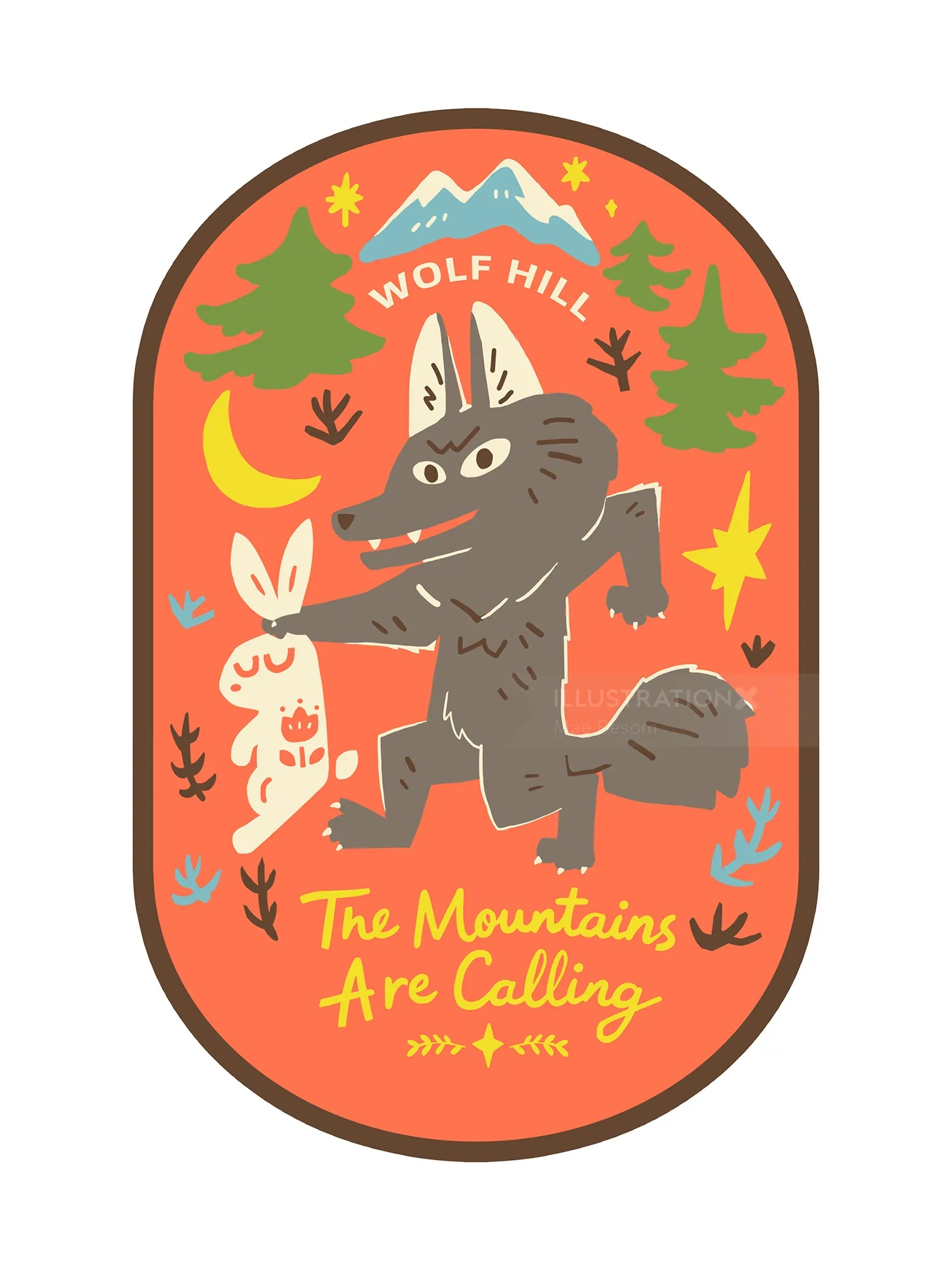 Wolf Hill illustration of wolf holding rabbit with mountains, trees and moon - Mae Besom