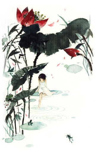 ジャングルの中に座っている女の子の線画