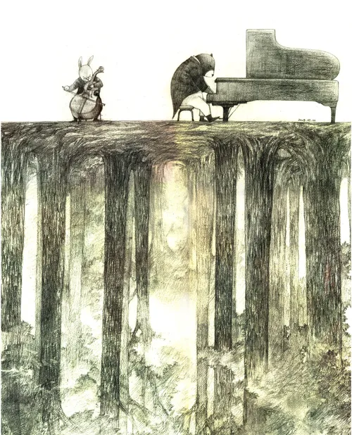 Solo-Zeichentrickfigur spielt Klavier
