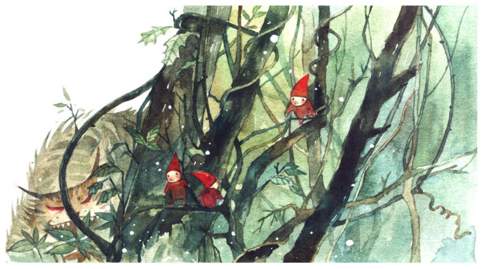 Ilustração de livro de 3 crianças de homem vermelho por Mae Besom