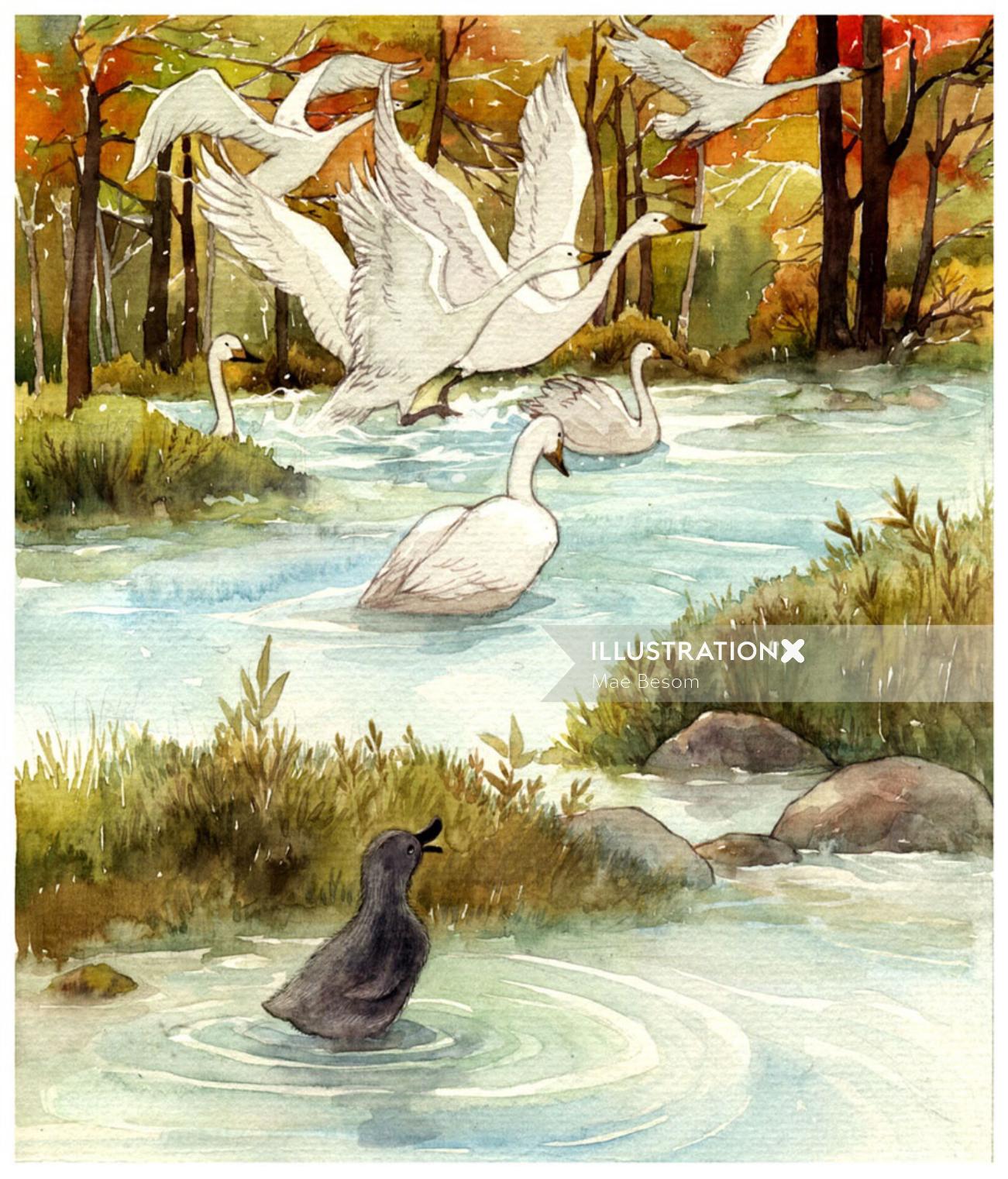 Watercolor painting of lake 
