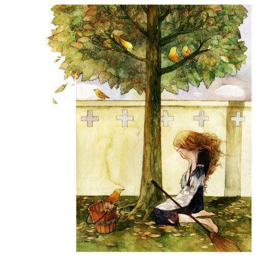 Illustration of sad woman sitting under tree
 