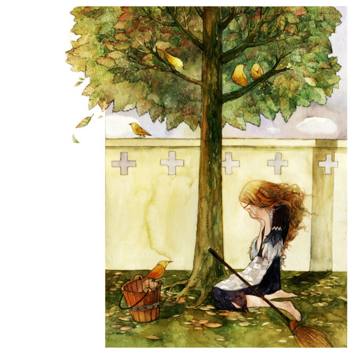 Illustration of sad woman sitting under tree
 