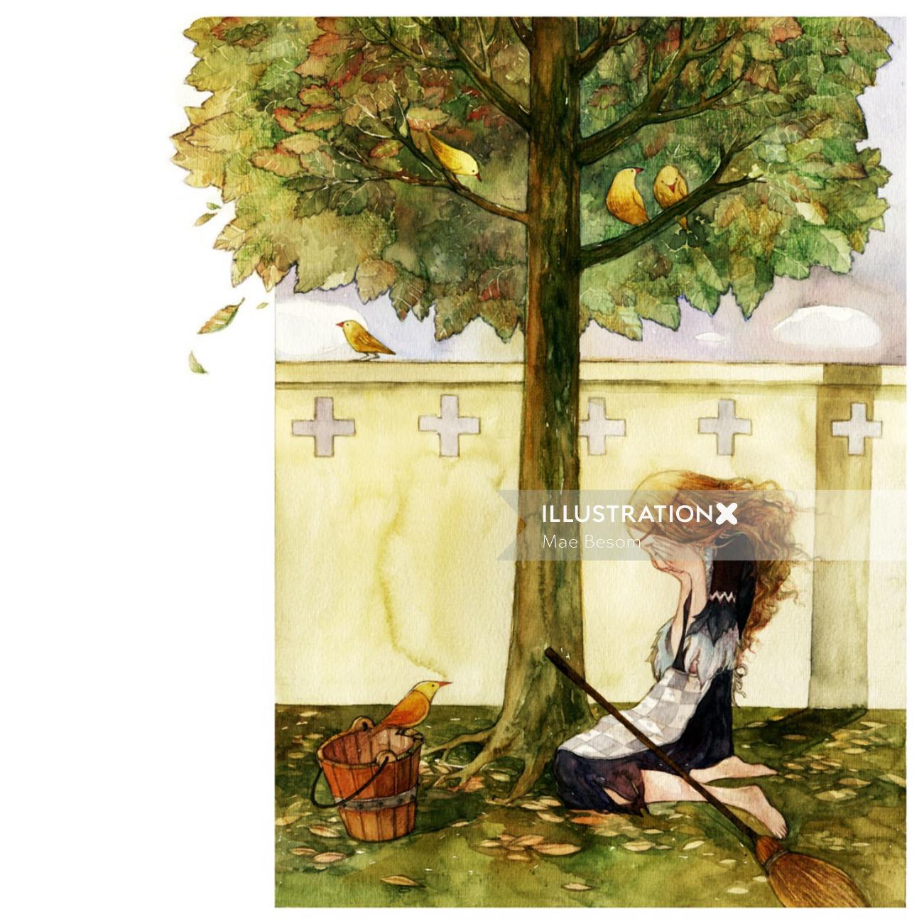 Illustration of sad woman sitting under tree
 