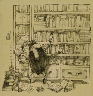 Ilustração de um corvo pesquisando na biblioteca
