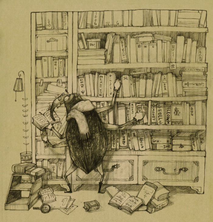 Ilustração de um corvo procurando na biblioteca