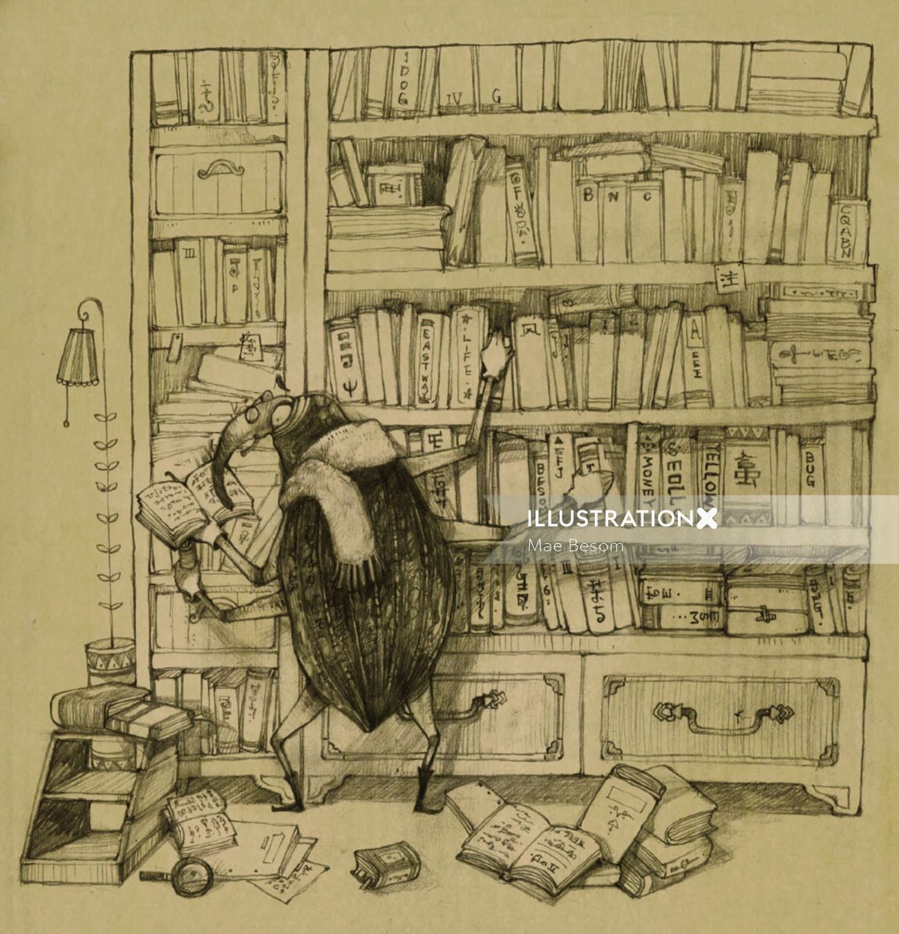 Illustration of crow searching in library

