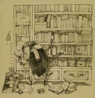 Illustration of crow searching in library
