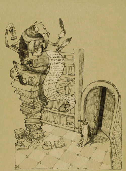 Line illustration of bug and bird in library

