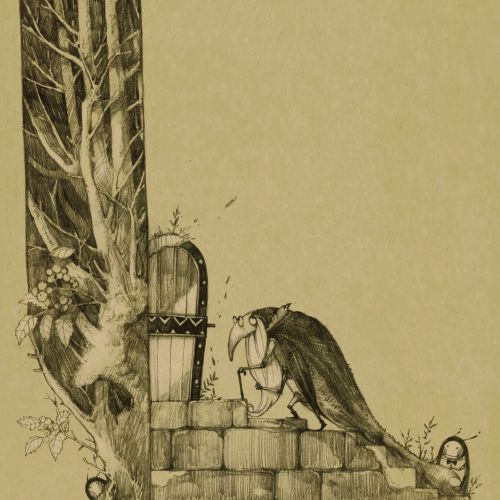 Children illustration of crow at tree house
