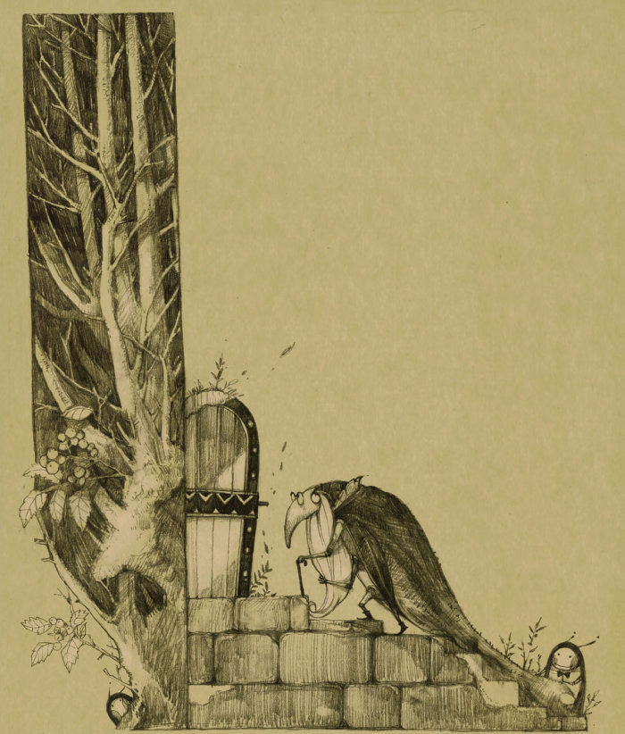 Ilustração infantil de corvo na casa da árvore