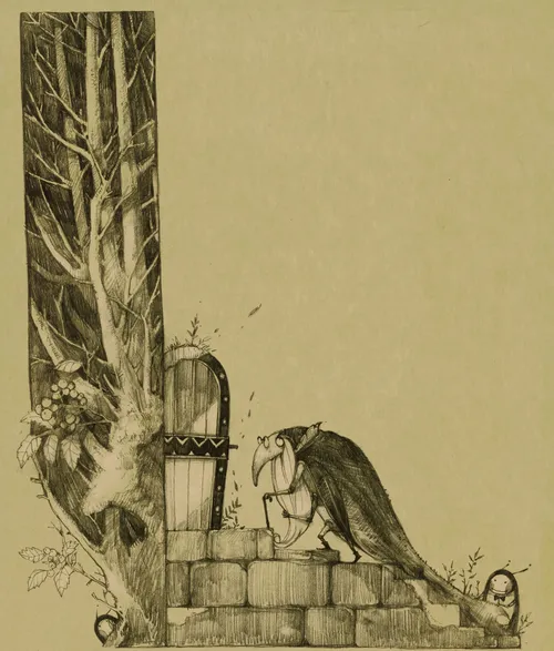 Kinderillustration einer Krähe im Baumhaus

