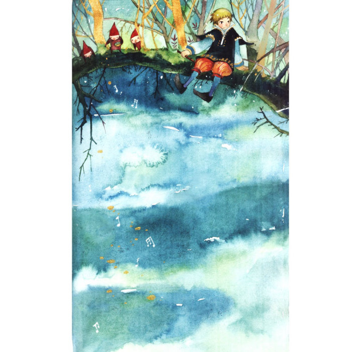Children illustration painting of girl sitting on bridge
