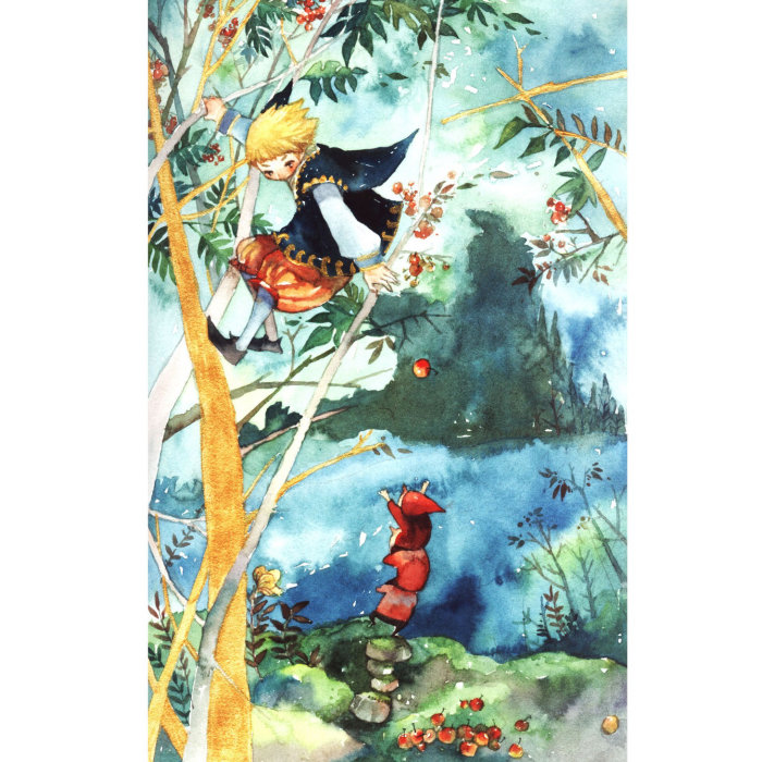 Children illustration painting of girl on tree
