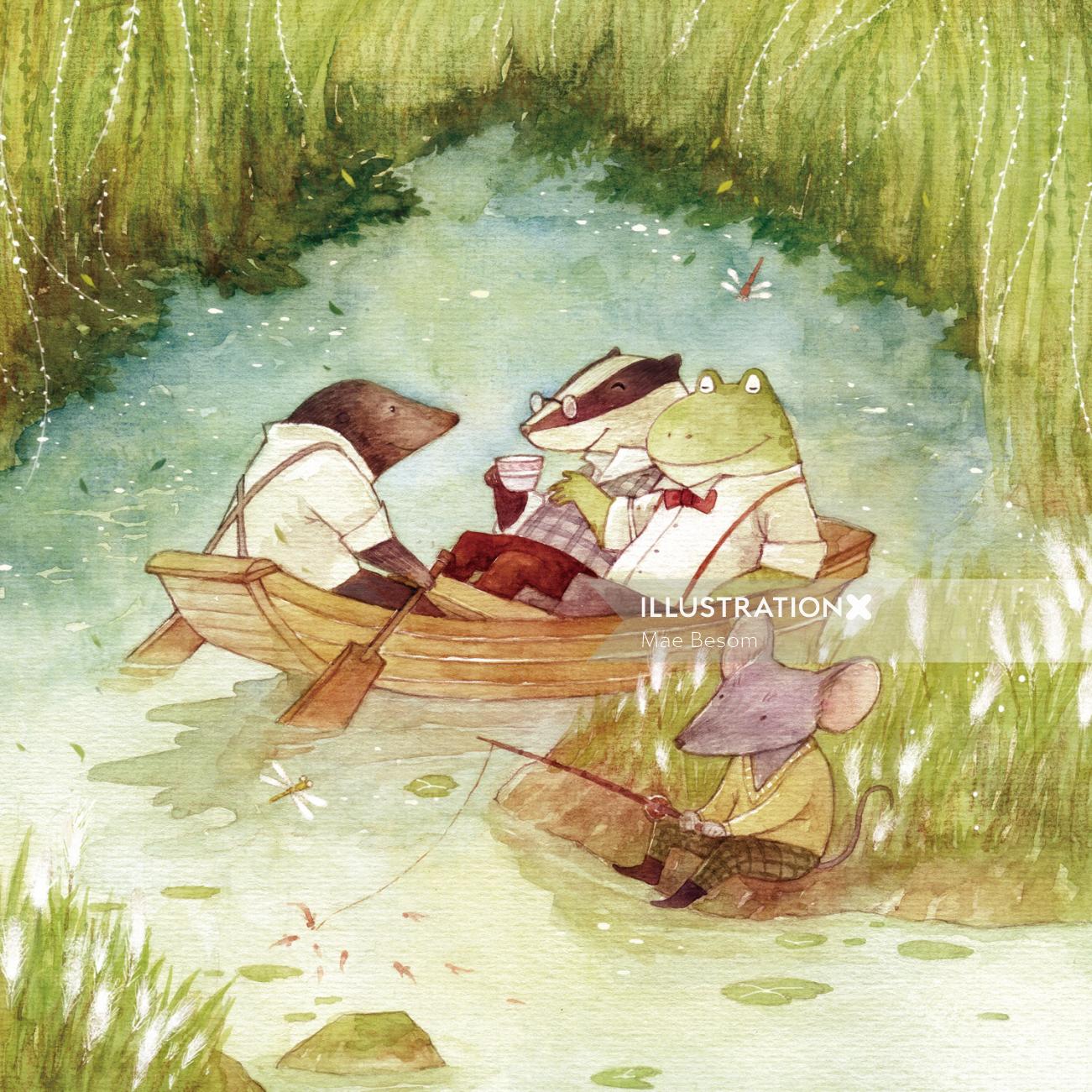 Mice and Frog enjoying pond vacation painting