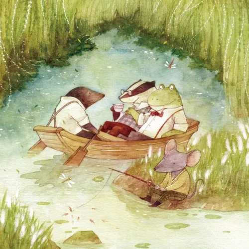 Mäuse und Frosch genießen Teichurlaub (Gemälde)