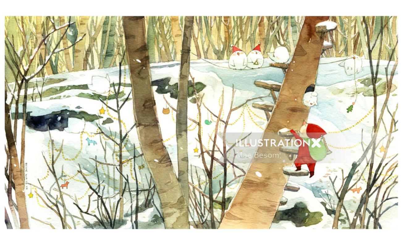 动物在雪中的儿童插图