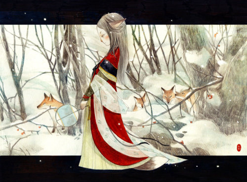 Children book illustration of princess in forest with wolves
