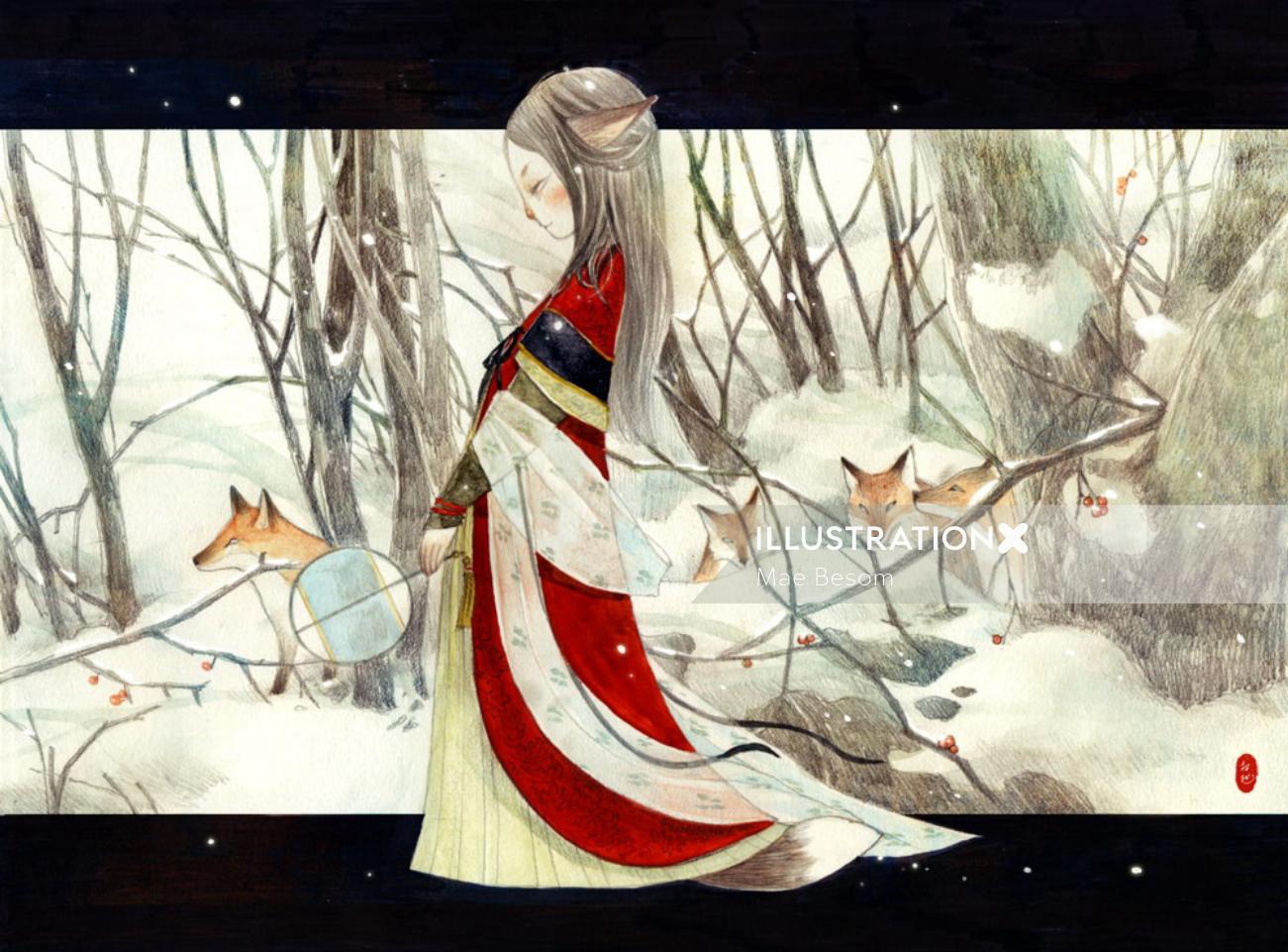 Children book illustration of princess in forest with wolves
