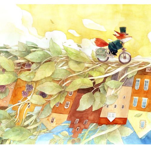 Watercolor painting of red fox riding bicycle