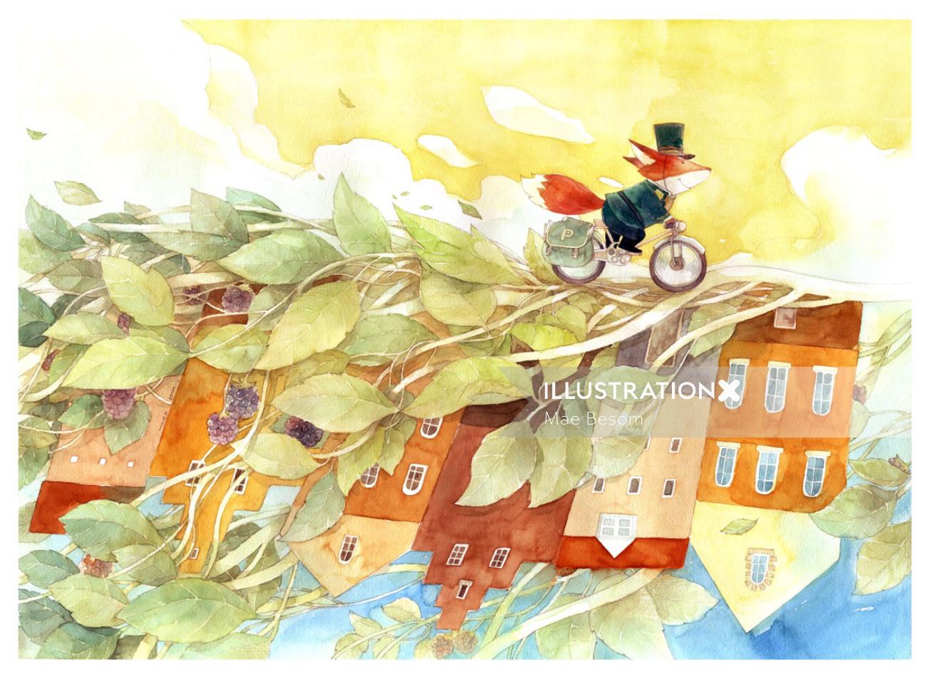 红狐狸骑自行车的水彩画