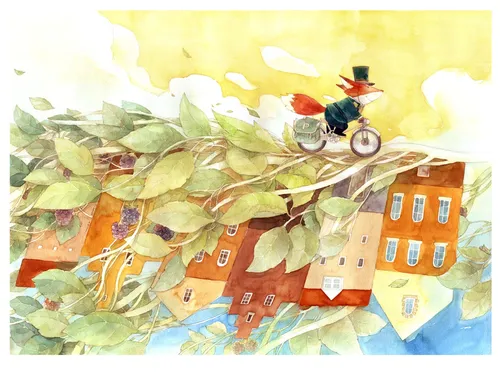 Aquarellgemälde eines Rotfuchses auf einem Fahrrad