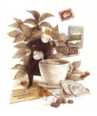 Personaje infantil preparando un gran café.

