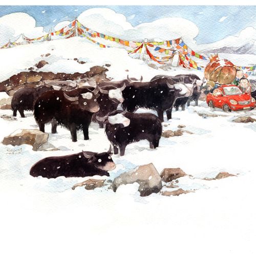 Animals buffaloes in snow
